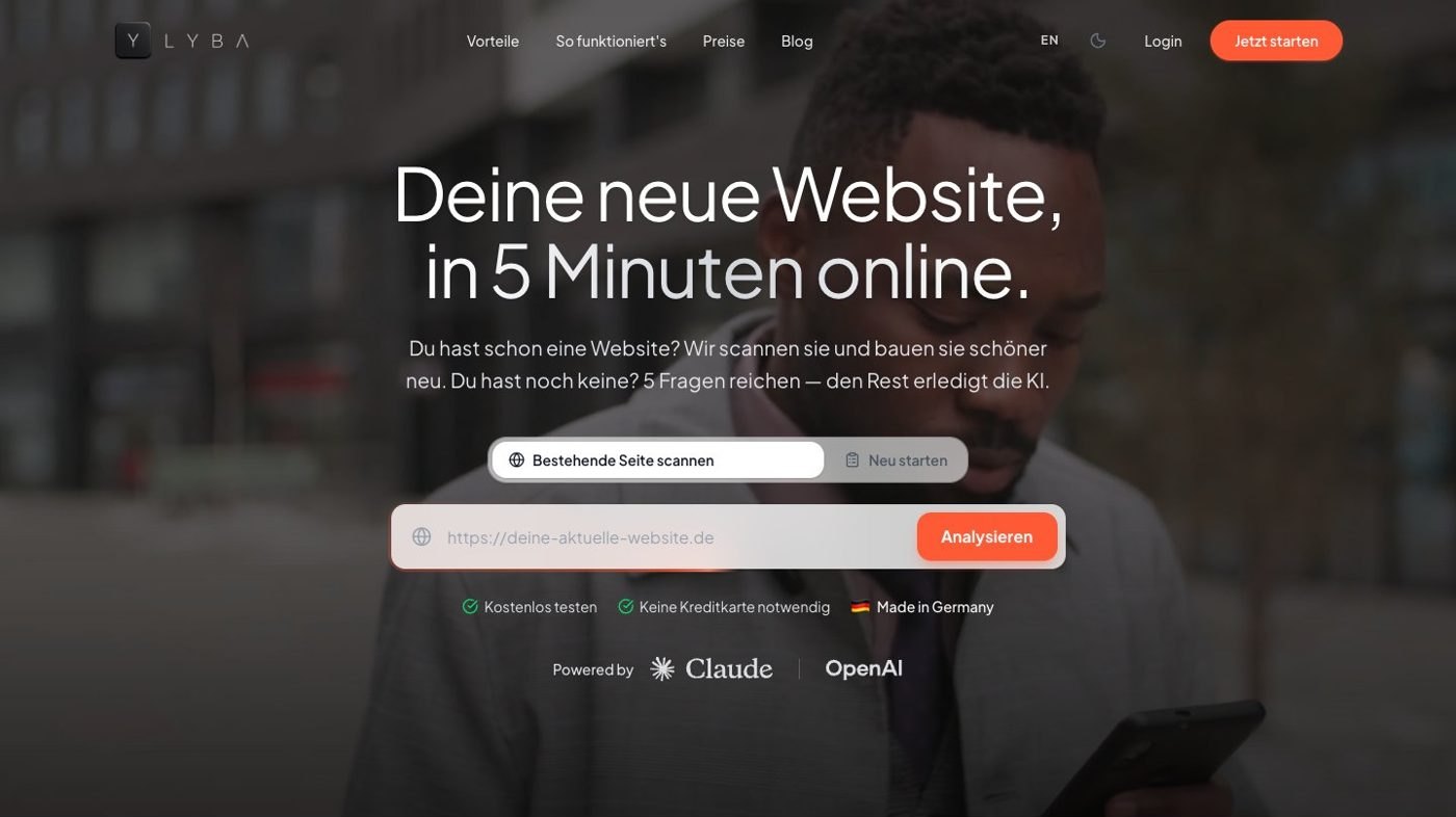 Startseite von Lyba.ai: bestehende Webseite scannen oder neu starten