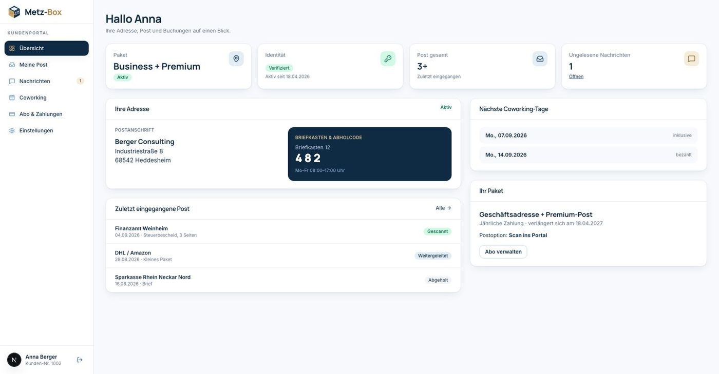Kundenportal der Metz-Box Web-App mit verifizierter Identität
