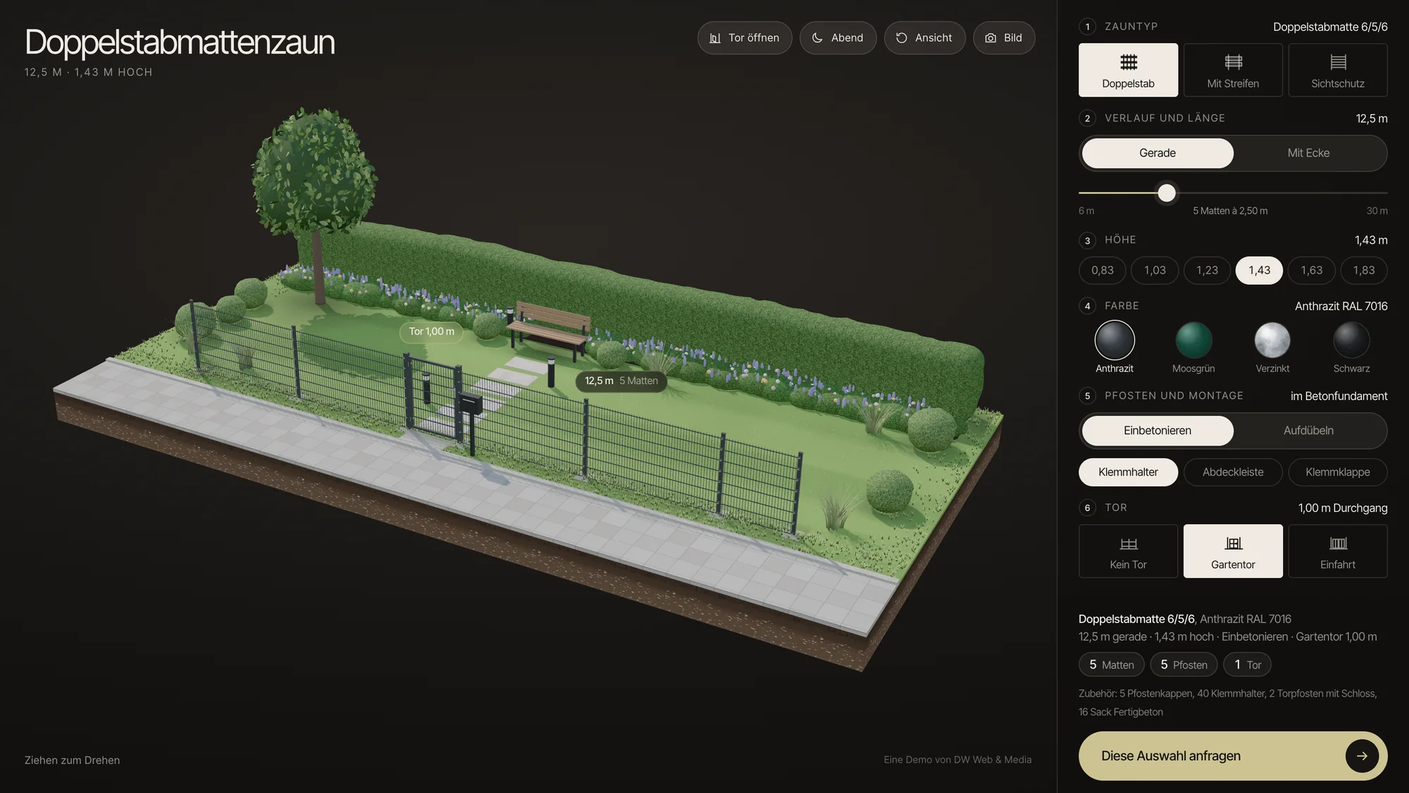 Zaunplaner von DW Web & Media: Doppelstabmattenzaun in 3D, rechts die Auswahl von Zauntyp, Länge, Höhe, Farbe, Montage und Tor mit Mengenberechnung