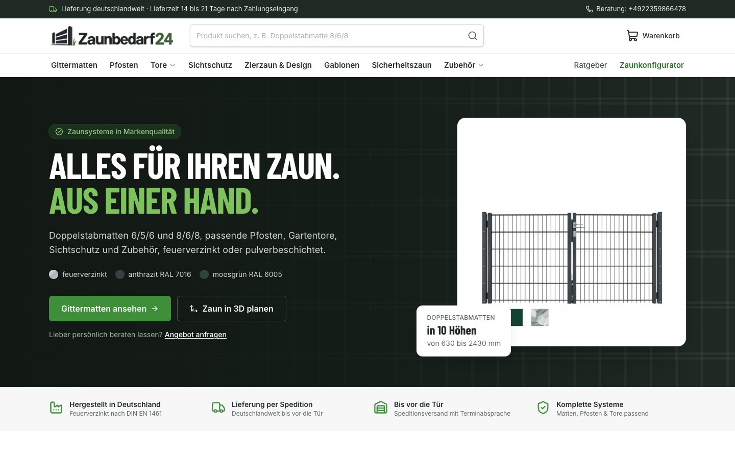 Startseite des Onlineshops von Zaunbedarf24 mit Suche, Warenkorb und Kategorien von Gittermatten bis Zubehör