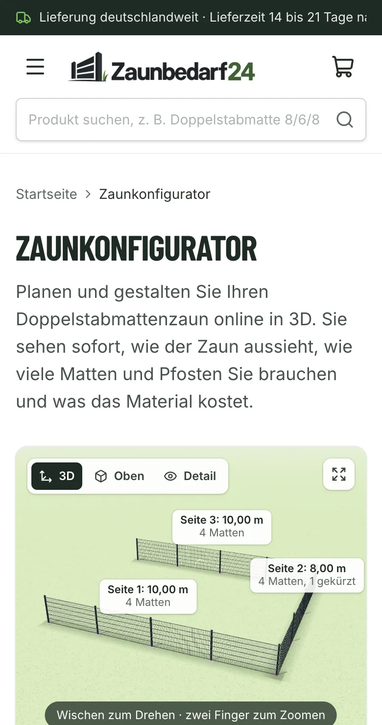 Zaunkonfigurator von Zaunbedarf24 am Handy