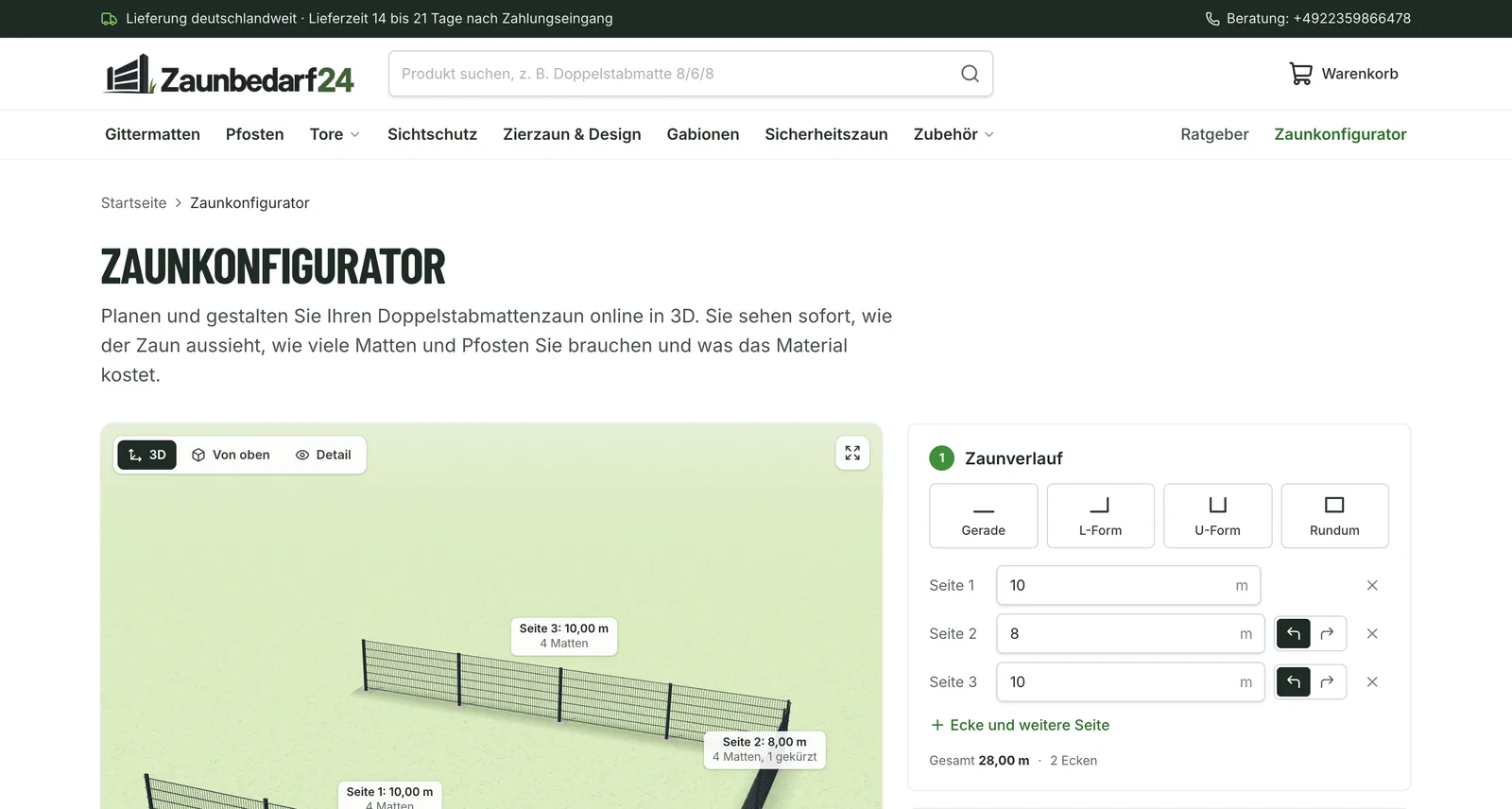 Zaunkonfigurator im Onlineshop von Zaunbedarf24: Zaun in 3D und Auswahl von Zaunverlauf und Seitenlängen
